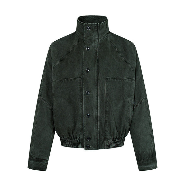 Damen kurze Oversize-Bomberjacke mit Stehkragen, Knopfleiste und elastischem Saum Echoarchiv