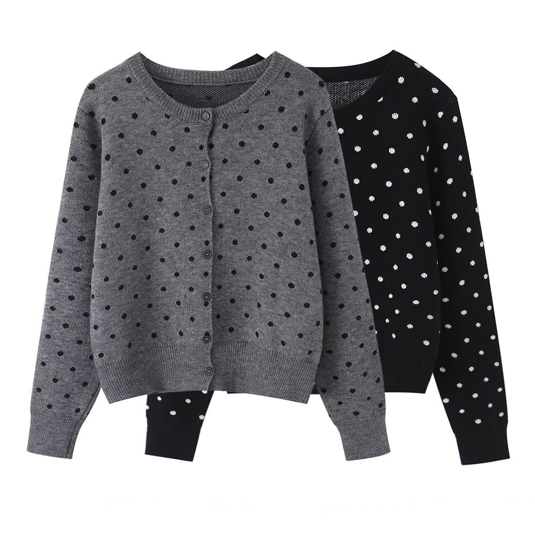 Damen Kurz geschnittene fein gestrickte Cardigan mit Rundhalsausschnitt, Knopfleiste und Allover‑Punktmuster Echo Archiv