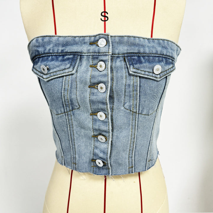 Damen Denim Bustier-Top mit Knopfleiste und figurbetontem Schnitt Echo Archiv