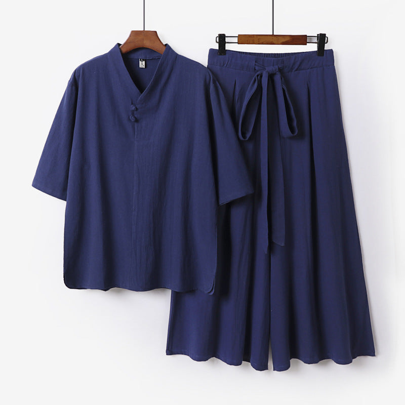 Unisex Zweiteiliges Kimono-Lounge-Set mit Stehkragen Kurzarmtop und weiter Bindbundhose Echoarchiv