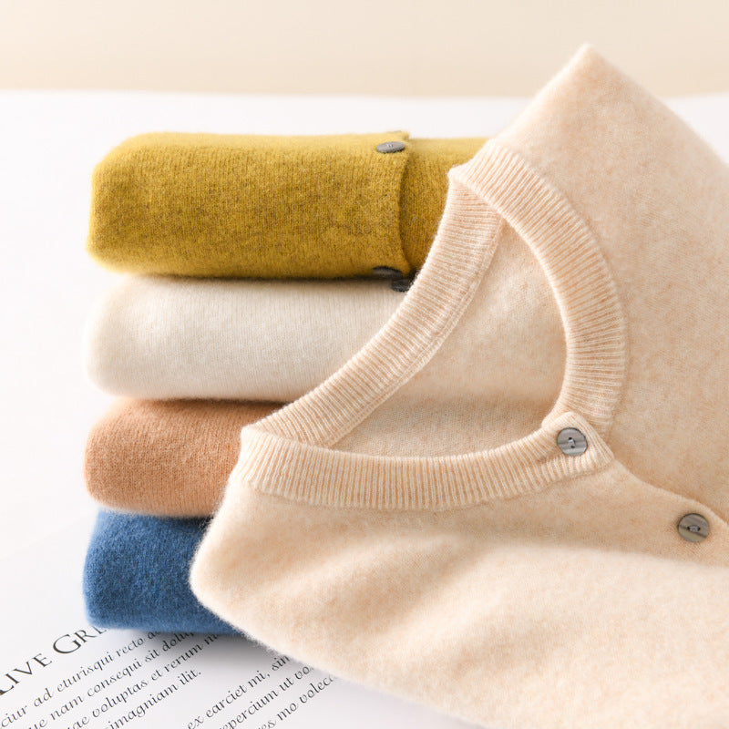 Damen Leichter Rundhals-Knopfcardigan in Kaschmiroptik mit feiner Rippkante und lässiger Silhouette Echoarchiv