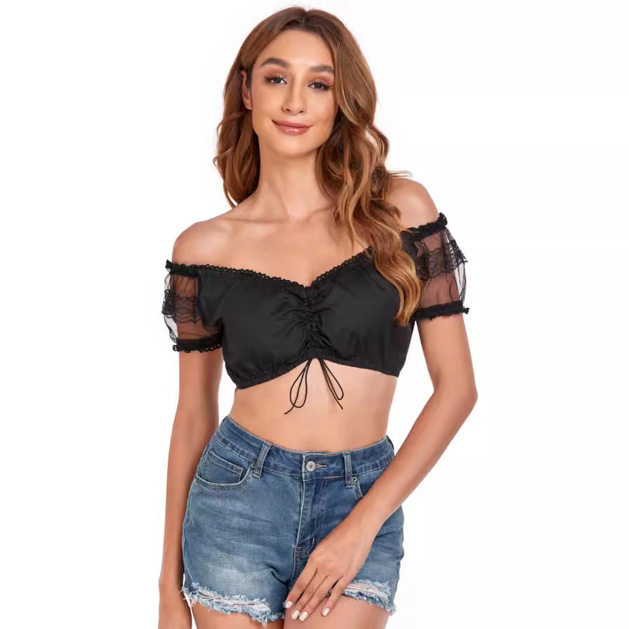 Damen  Dirndlbluse Carmen Ausschnitt mit Spitzenärmeln und Bindeband Echo Archiv