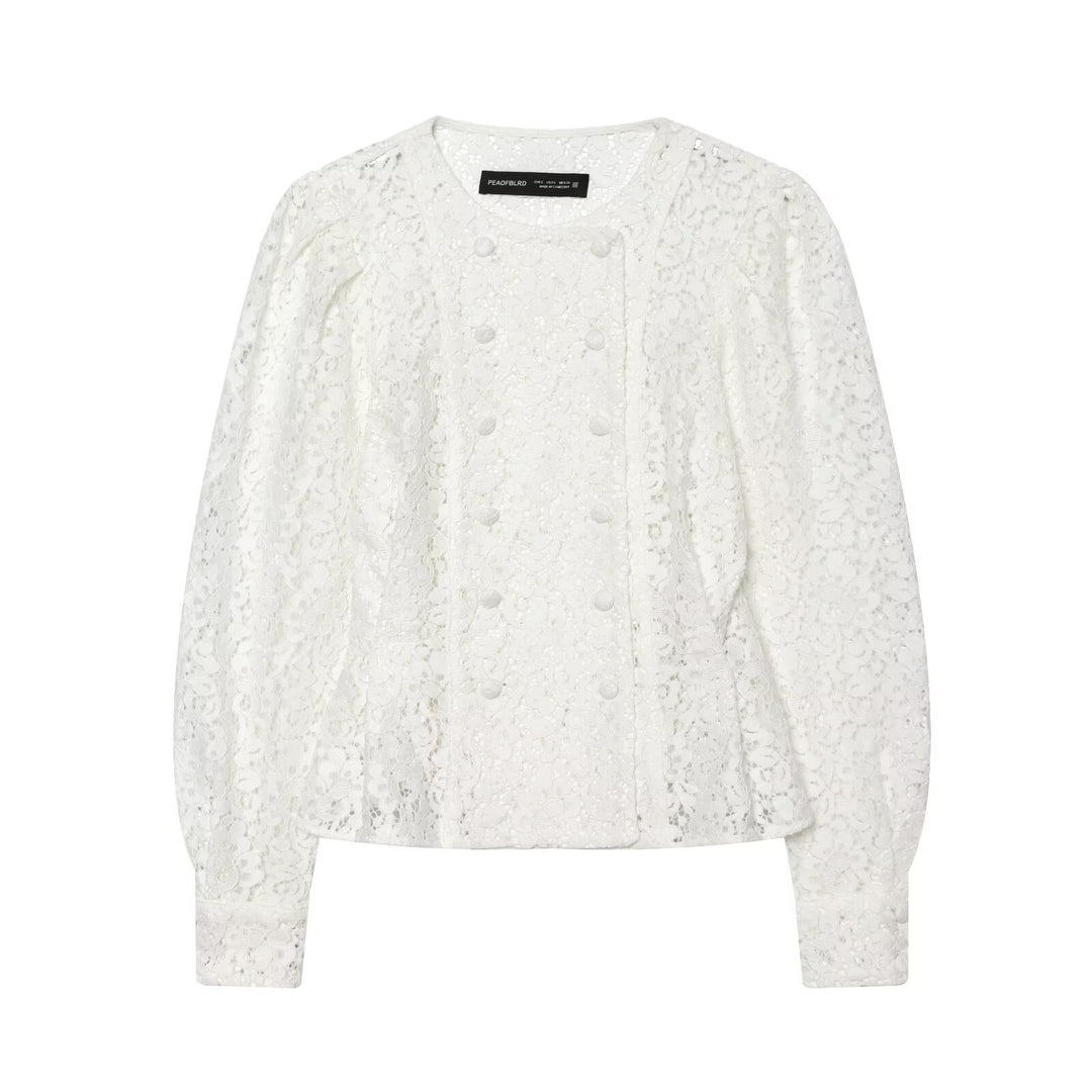 Damen Spitzenjacke mit zarter Blumen-Spitze, dekorativer Knopfleiste und ballonärmeln Echo Archiv
