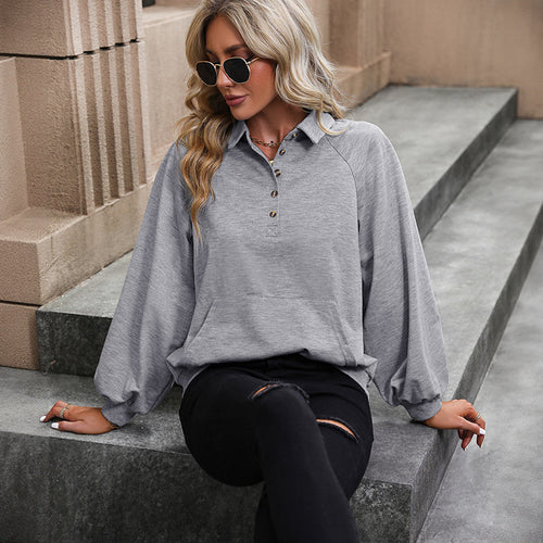Damen Pullover-Sweatshirt mit Polo-Kragen, Raglan‑Ballonärmeln und Kängurutasche – Mavelle