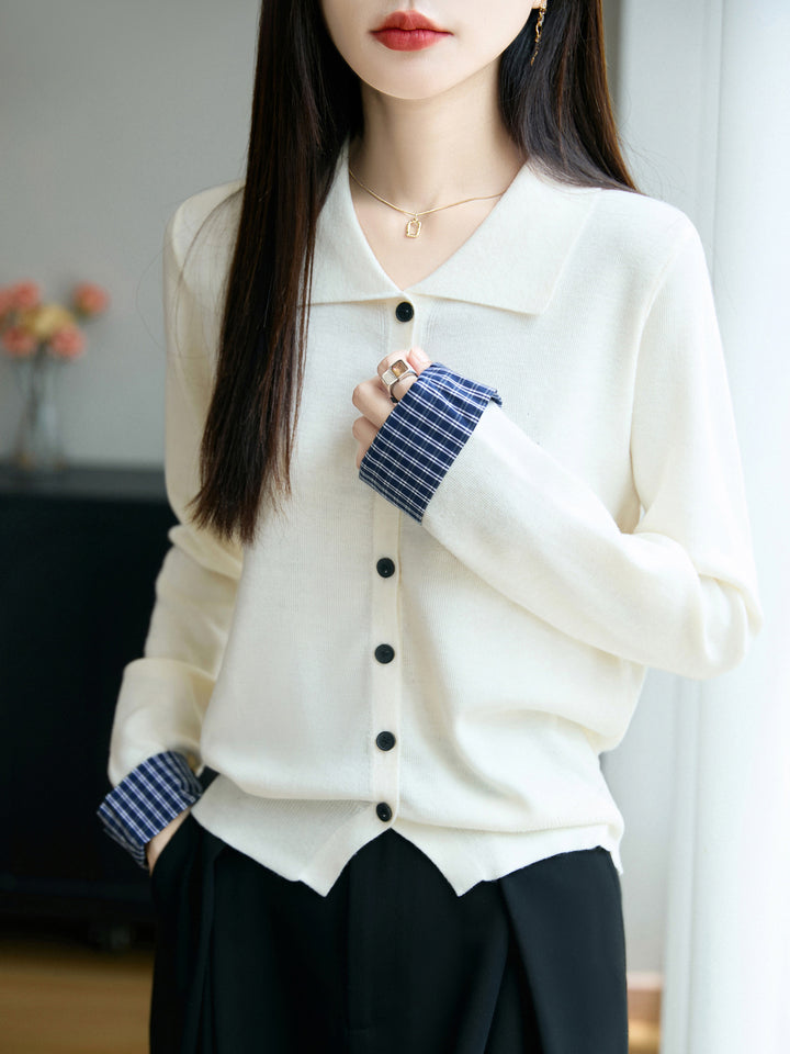 Damen Leichter Feinstrick-Cardigan mit breitem Hemdkragen und Frontknopfleiste Echoarchiv