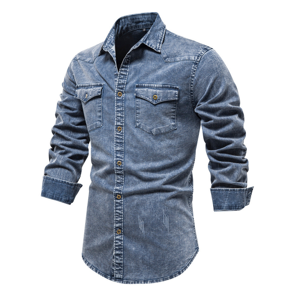Herren Denim Hemdbluse mit zwei Brusttaschen und geschmackvollen Stickereien Echoarchiv