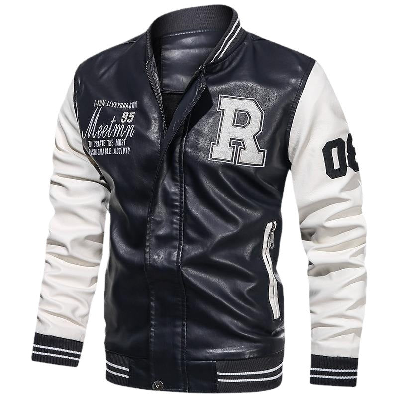 Herren Varsity-Bomberjacke im College-Stil aus Kunstleder mit bestickten Logos & kontrastreichen Ärmeln Echoarchiv