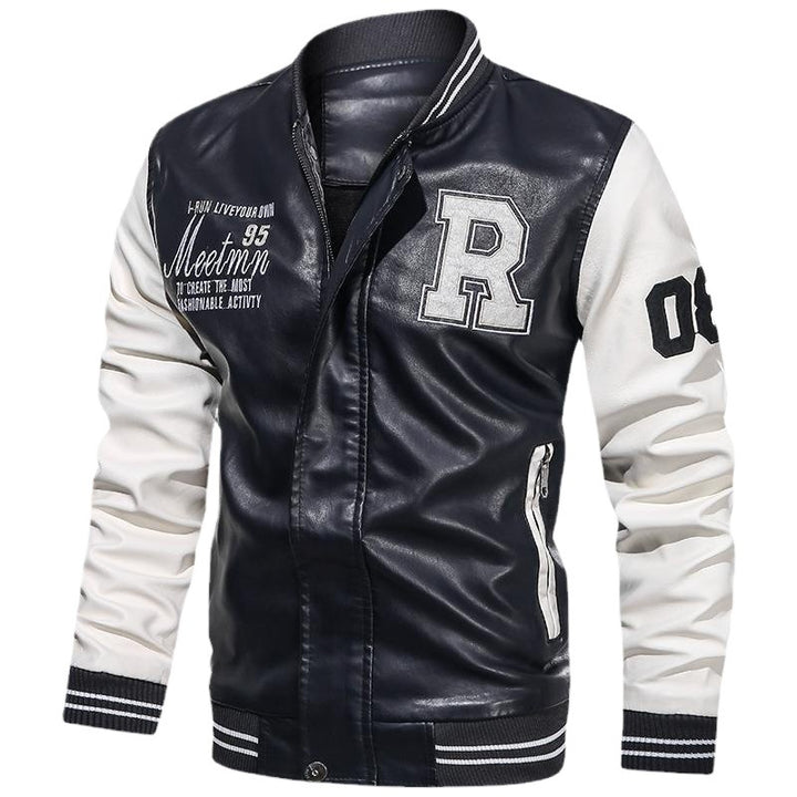 Herren Varsity-Bomberjacke im College-Stil aus Kunstleder mit bestickten Logos & kontrastreichen Ärmeln Echoarchiv