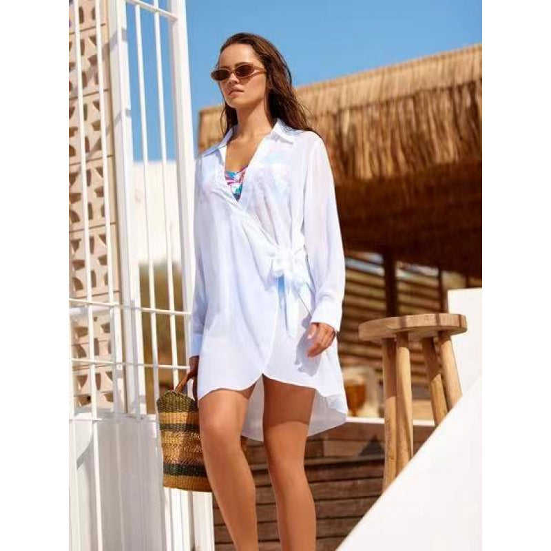 Damen Strandüberwurf mit elegantem Wickeldetail und transparentem Stoff Echo Archiv