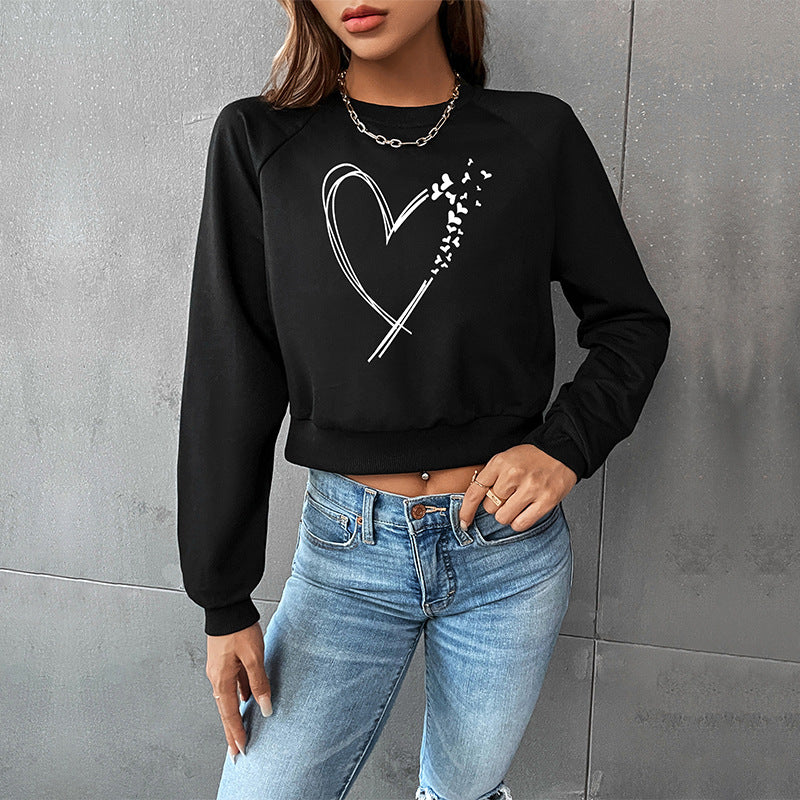 Damen Kurz geschnittenes Sweatshirt mit Herz-Print, Rundhalsausschnitt und Rippbündchen Echoarchiv