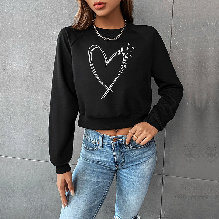 Damen Kurz geschnittenes Sweatshirt mit Herz-Print, Rundhalsausschnitt und Rippbündchen Echoarchiv