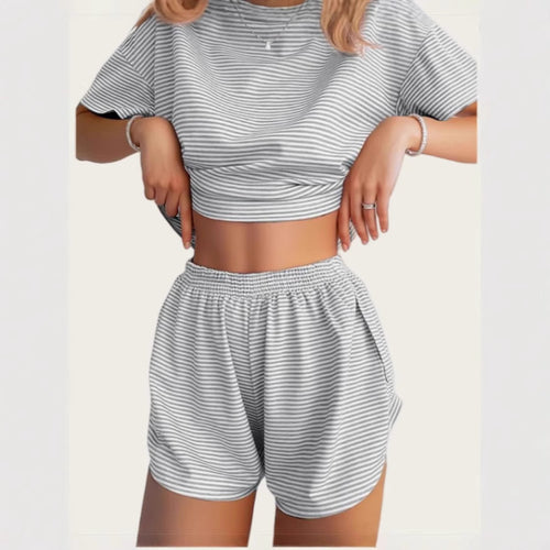 Damen Lässiges Streifen-Set mit weitem T-Shirt und Shorts Echo Archiv