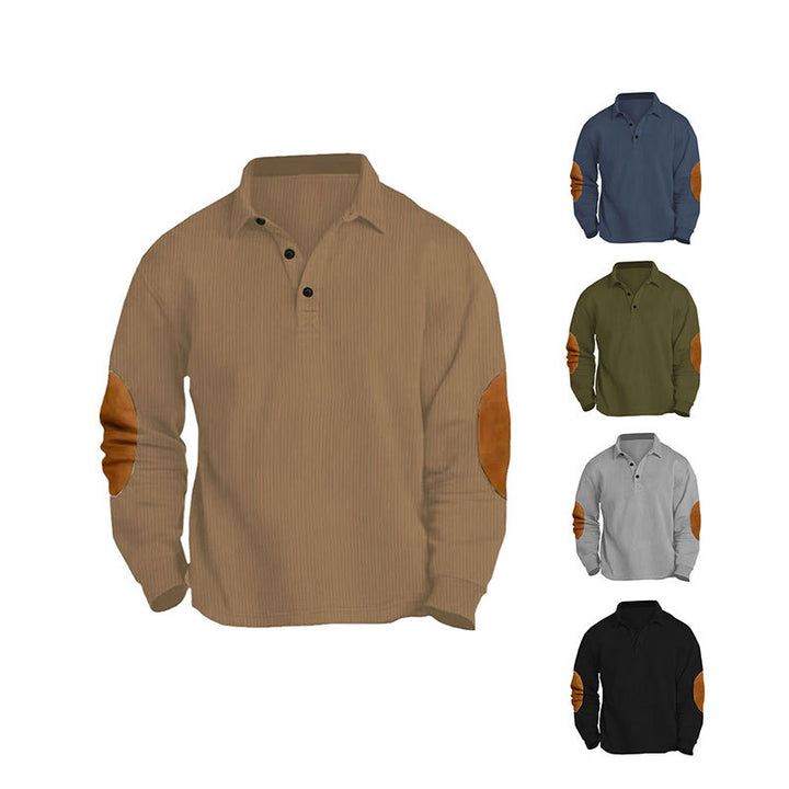 Herren nan legeres Langarm-Poloshirt mit Hemdkragen, kurzer Knopfleiste, feiner Struktur und Velours-Ellenbogenbesatz Echo Archiv