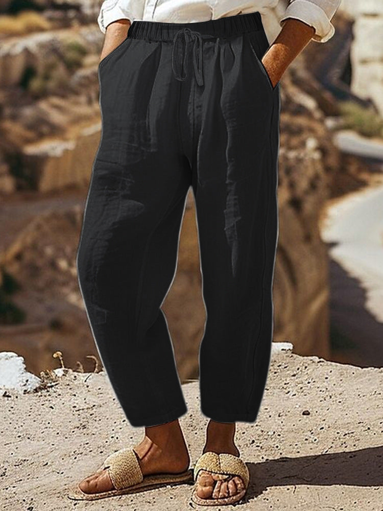 Damen Casual-Chino Leinenoptik Culotte mit elastischem Tunnelzugbund und Eingrifftaschen – Avélisse