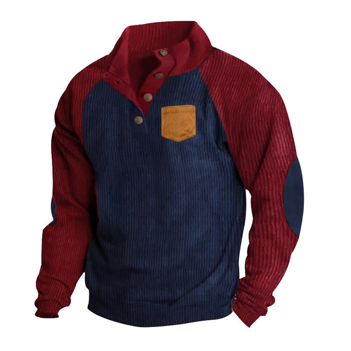 Herren Geripptes Henley‑Pullover mit Raglanärmeln, Ellenbogen‑Patches & Brusttasche – Cavarno