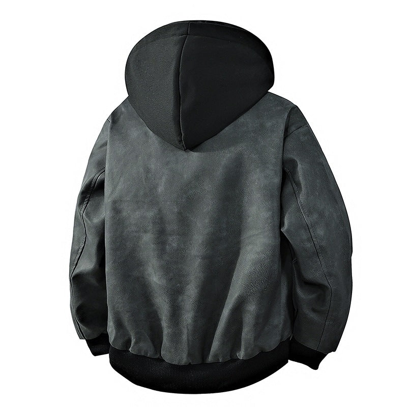 Herren Veloursleder‑Optik Kapuzenjacke mit Druckknopfblende, Oversize‑Schnitt & gerippten Bündchen Echoarchiv