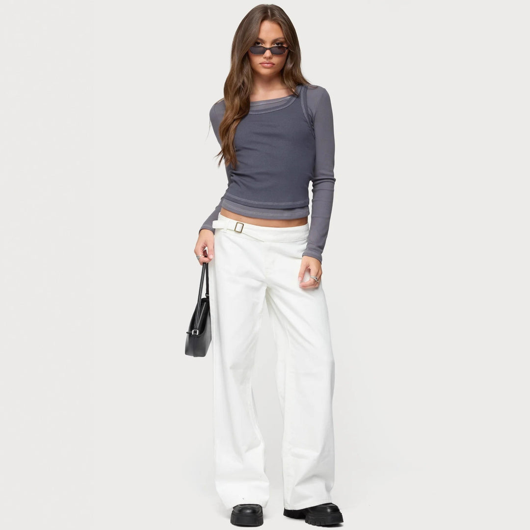 Damen Langarm-Crop-Top mit modischem Farbkontrast und nahtloser Verarbeitung Echo Archiv