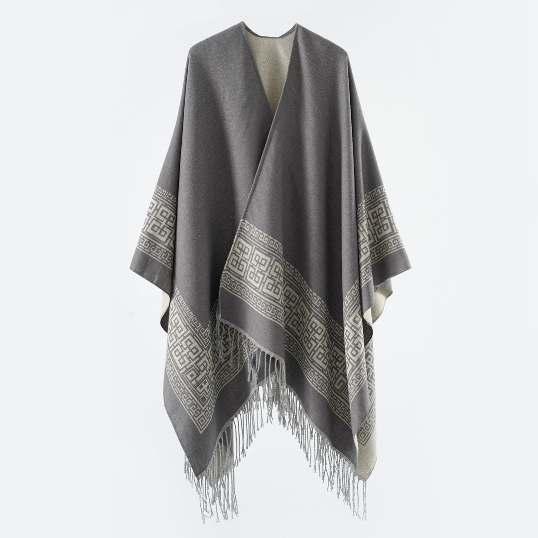 Damen Reversibler Wollmix‑Überwurf im Kimono‑Fall mit ornamentaler Bordüre und Zierfransen – Célinea