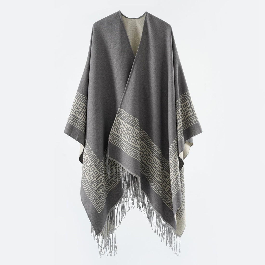 Damen Reversibler Wollmix‑Überwurf im Kimono‑Fall mit ornamentaler Bordüre und Zierfransen – Célinea