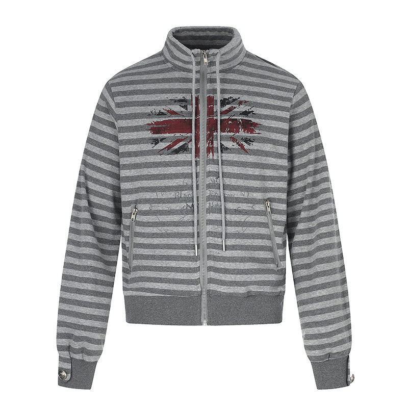 Damen Gestreifte Zip-Sweatjacke mit Stehkragen, Reißverschlusstaschen und Vintage-Flaggenprint Echoarchiv