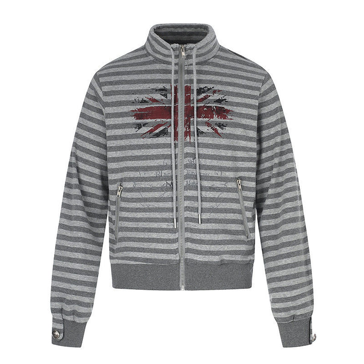 Damen Gestreifte Zip-Sweatjacke mit Stehkragen, Reißverschlusstaschen und Vintage-Flaggenprint Echoarchiv