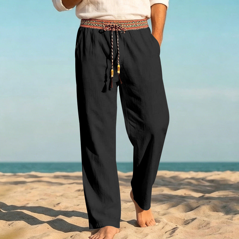 Herren Leinenoptik Freizeithose mit besticktem Kordelbund und Kordelzug – Sorevano