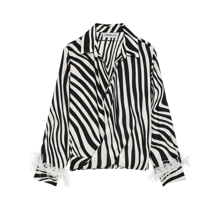 Damen Gestreifte Cropped-Bluse im Hemdstyle mit Federbesatz Echoarchiv
