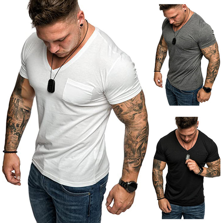 Herren V-Ausschnitt T-Shirt aus weicher Baumwolle mit Brusttasche Echoarchiv