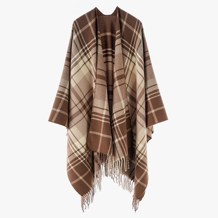 Damen Cape‑Poncho im Oversize‑Deckenstil mit tartanartigem Karomuster und Fransensaum – Avérine