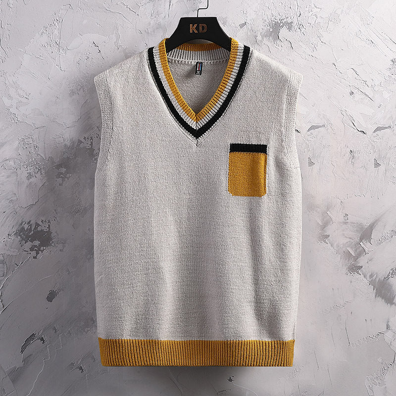 Herren ärmellose Strickjacke mit V-Ausschnitt und Farbblockdesign Echoarchiv