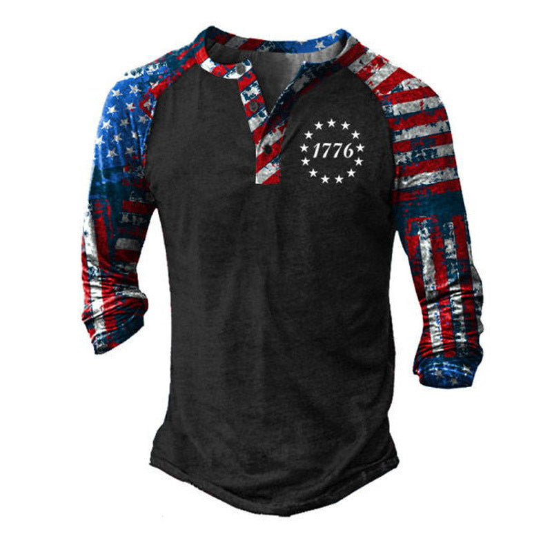 Herren Langarm Henley-T-Shirt mit kreativem Druck und stilvollem Knopfverschluss Echoarchiv