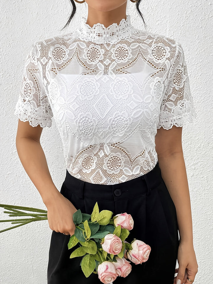 Damen nan semi-transparentes Spitzen-Top mit hohem Rüschenkragen und blickdichter Brustpartie Echo Archiv