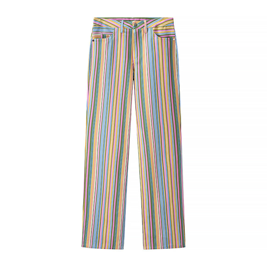 Damen Gestreifte gerade geschnittene Hose mit hoher Taille und Fünf-Taschen-Schnitt Echo Archiv