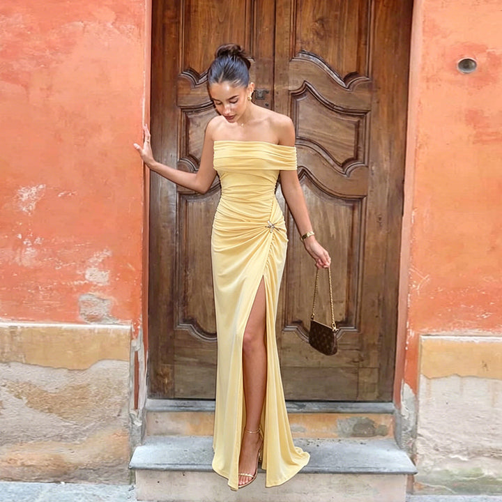 Damen Schickes Maxikleid mit Schulterfreiem Design und Raffungen Echo Archiv