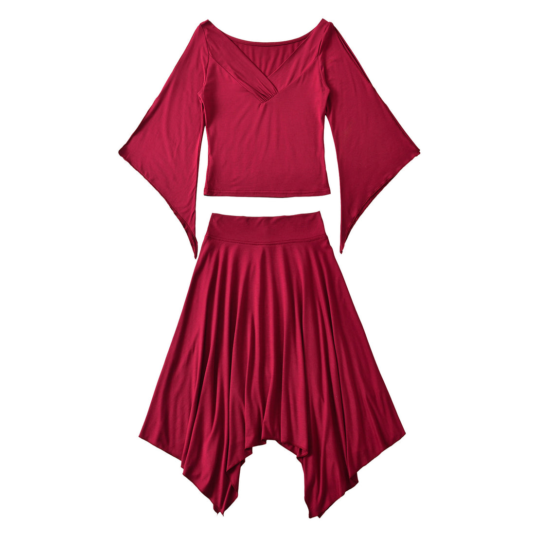 Damen Zweiteiliges Set aus drapiertem Top mit Fledermausärmeln und asymmetrischem Tellerrock Echoarchiv