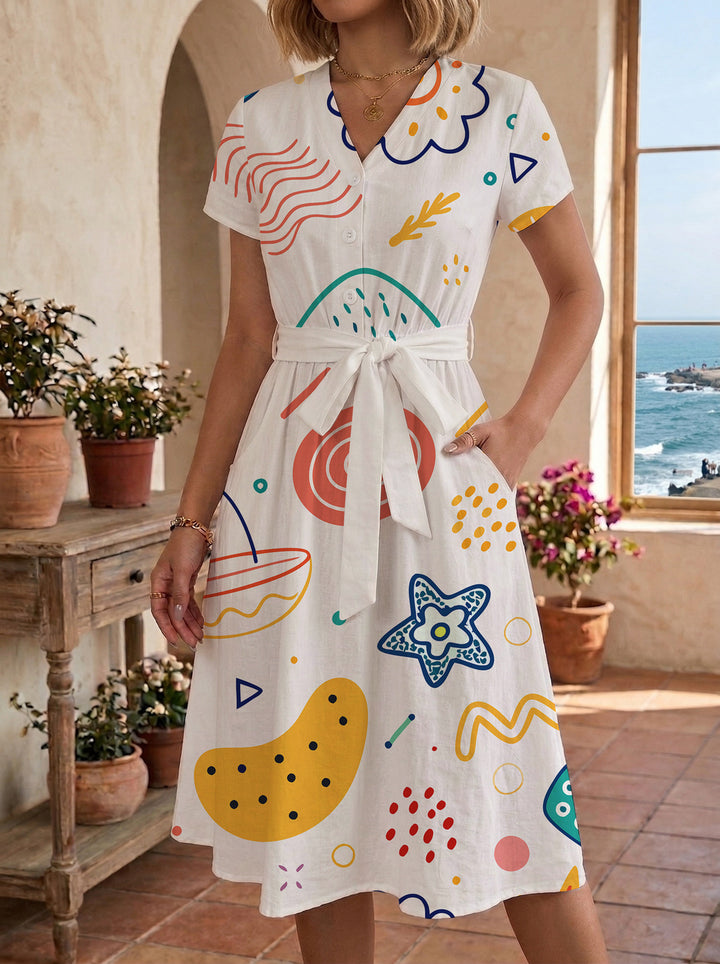Damen Midikleid mit farbenfrohem Blumendesign und taillierbarem Bindegürtel Echo Archiv