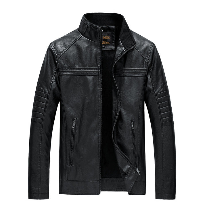 Herren Slim-Fit Kunstleder-Motojacke mit Stehkragen und gesteppter Ärmelpasse Echoarchiv