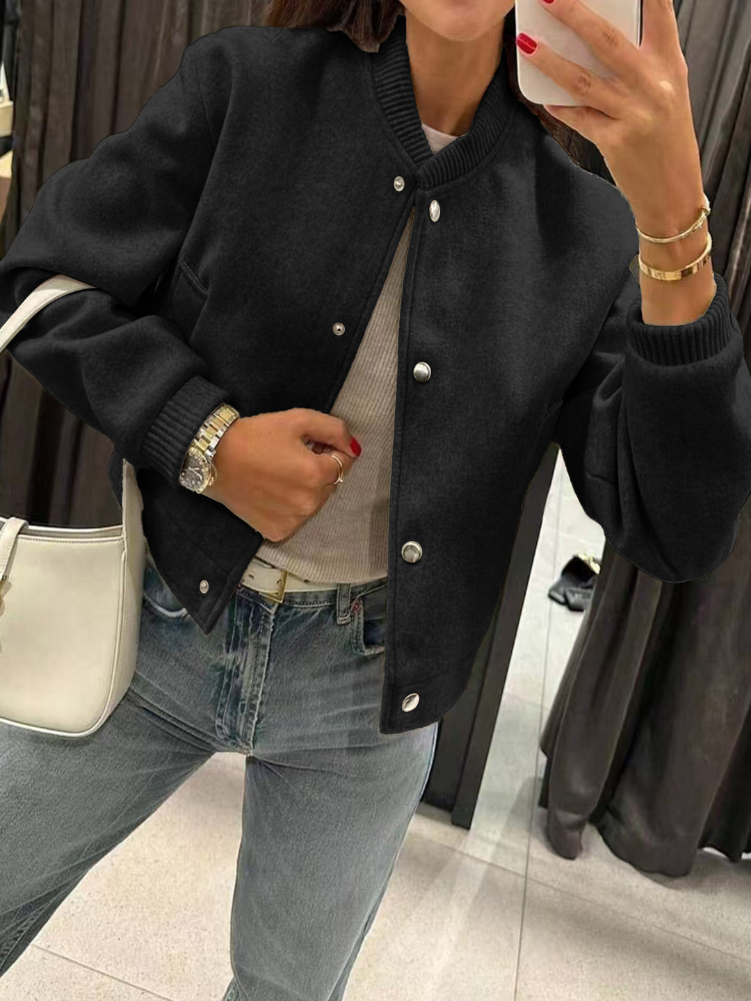 Damen Kurzjacke im Bomberstil aus Teddyfleece mit Rippbündchen – Avenza