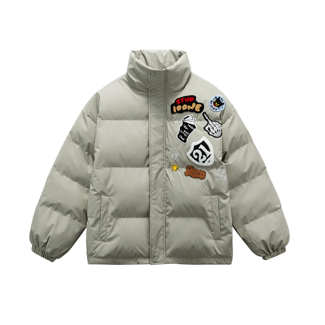 Unisex Boxy wattierte Oversize-Pufferjacke mit Stehkragen und Statement-Patchdetails Echoarchiv