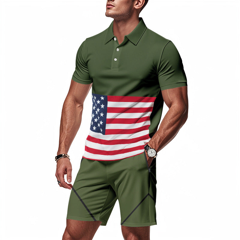 Herren Polo- und Shorts-Set mit Flaggenmotiv und elastischem Bund Echoarchiv