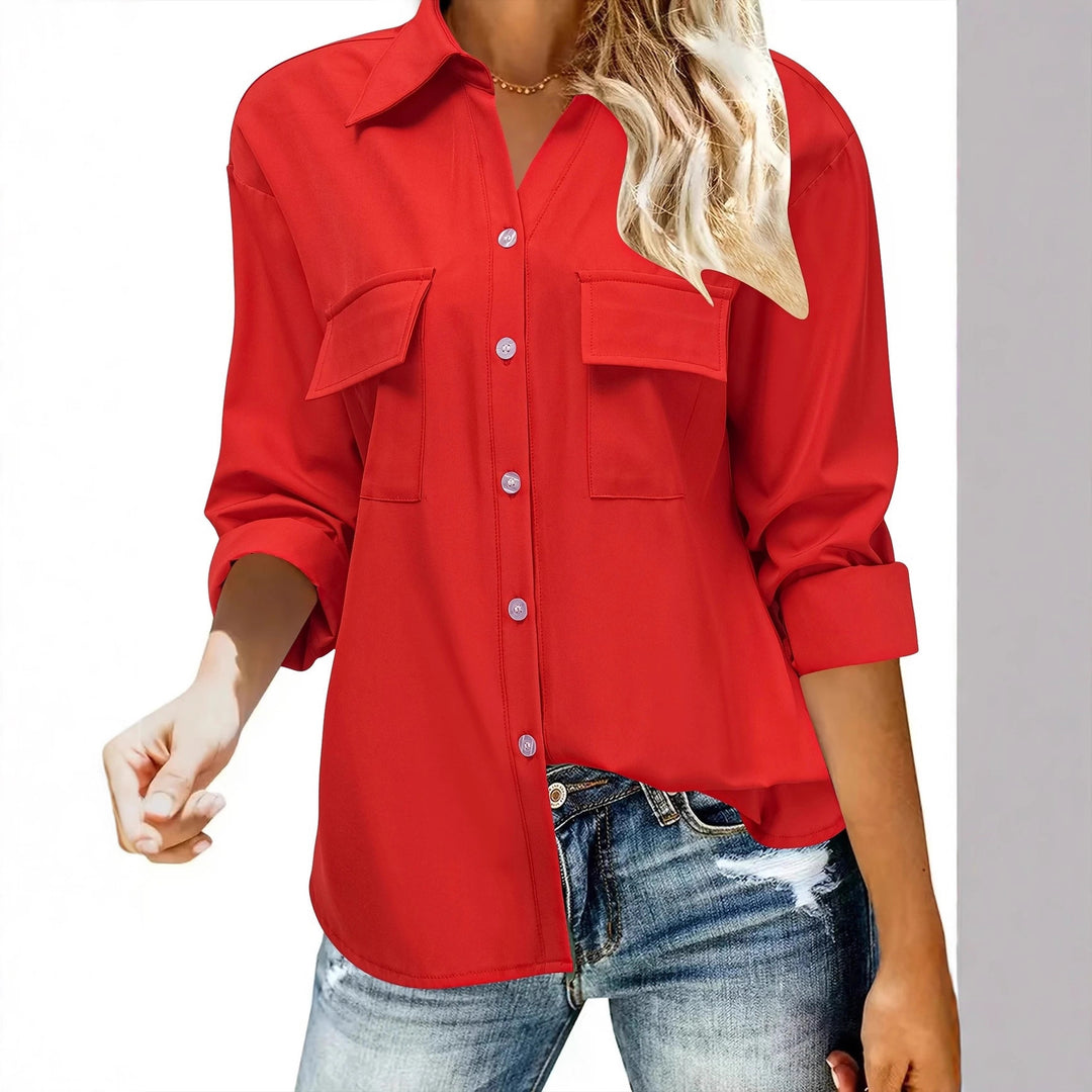 Damen Oversize-Hemdbluse mit Pattentaschen, durchgehender Knopfleiste und umgeschlagenen Ärmeln – Maréline