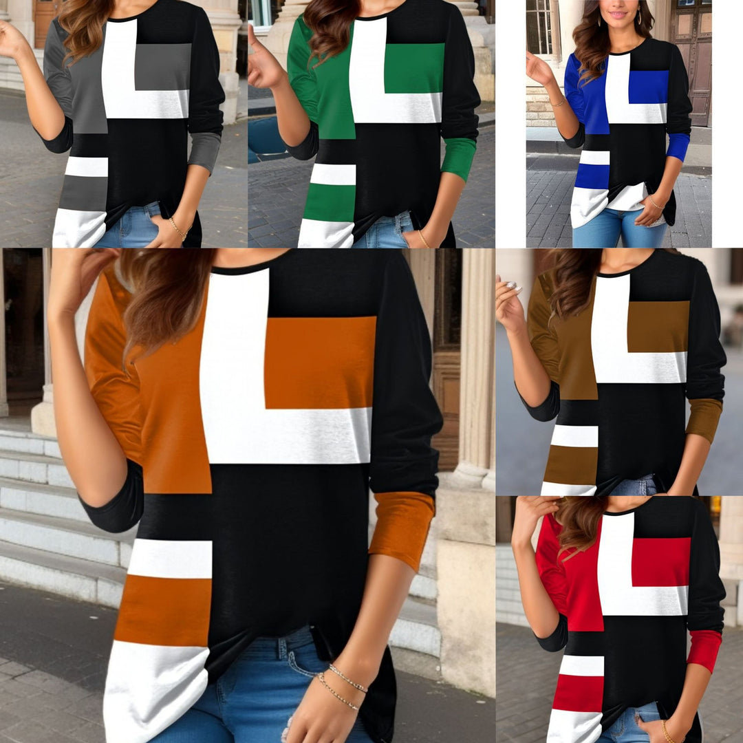 Damen nan geometrisches Colorblock Longsleeve-Tunika-Oberteil mit Rundhalsausschnitt und asymmetrischem Saum Echo Archiv