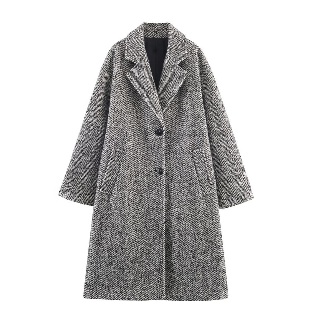 Damen Oversized Mantel mit Fischgrätmuster und tiefem Reverskragen Echo Archiv