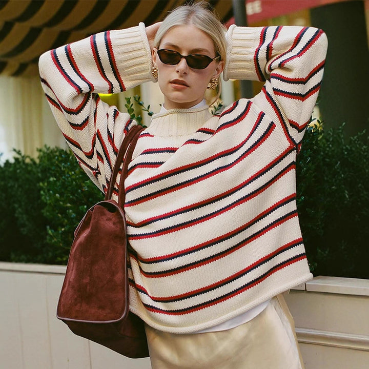 Damen Oversize gestreifter Baumwollmix-Pullover mit weitem Schnitt und Rippbündchen Echoarchiv
