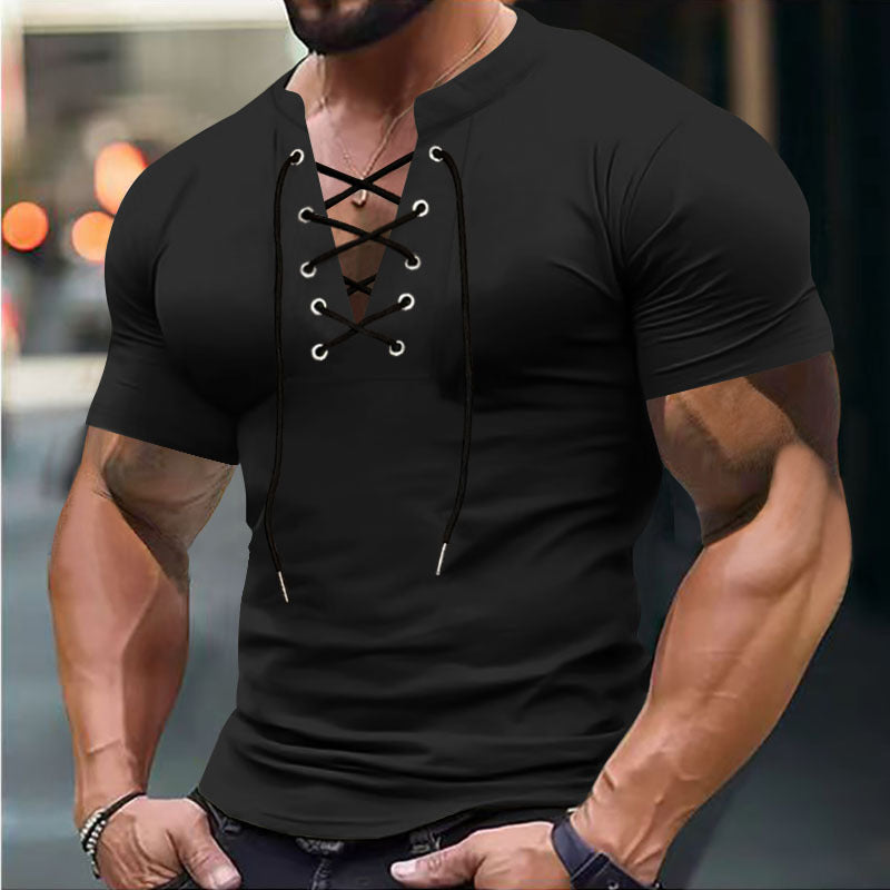 Herren Kurzarm-Henley-Shirt mit modischem Schnürdesign und körperbetonter Passform Echoarchiv