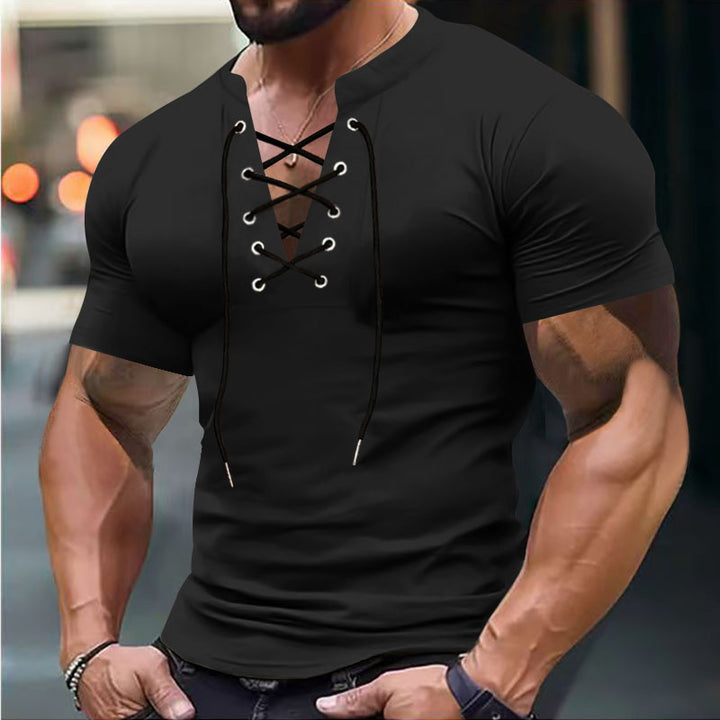 Herren Kurzarm-Henley-Shirt mit modischem Schnürdesign und körperbetonter Passform Echoarchiv