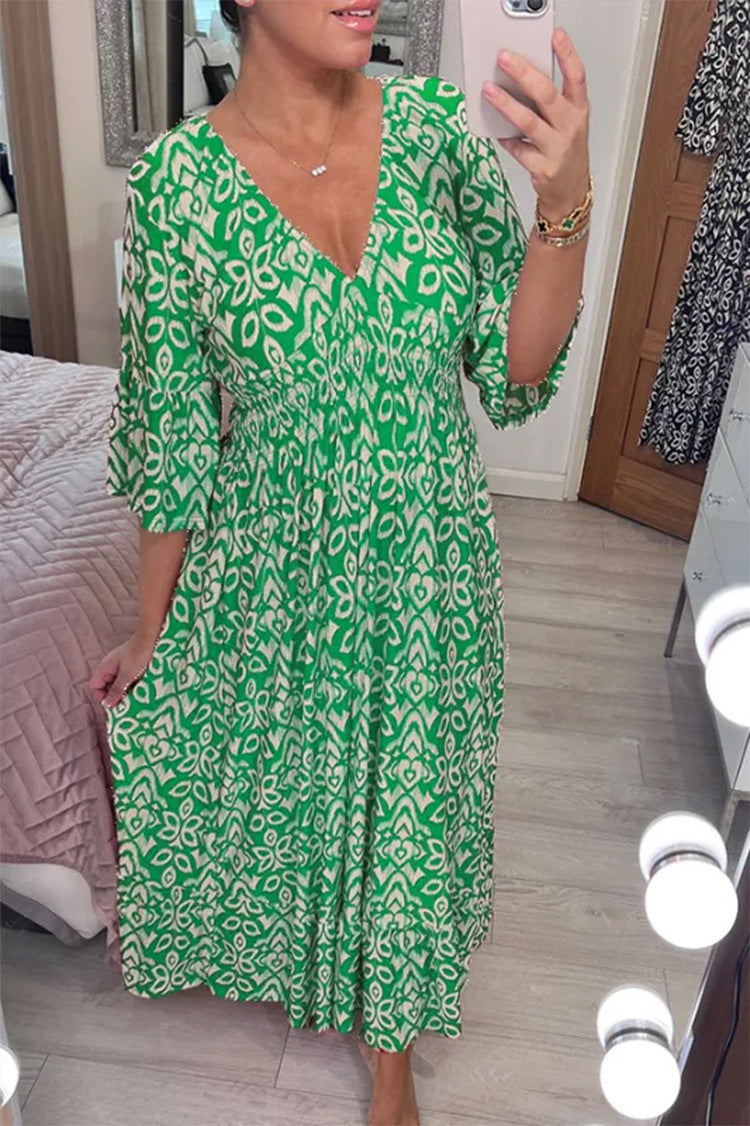 Damen Boho‑Maxikleid mit Smoktaillenband, Wickeloptik‑Dekolleté und Volantärmeln – Valéora