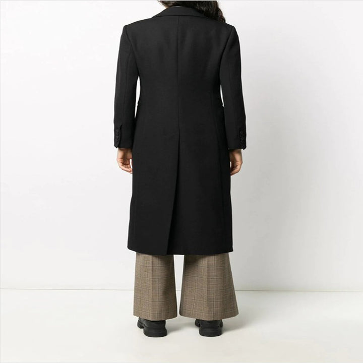 Damen Eleganter Einreihiger Longmantel im Smokingschnitt mit schmalem Revers und Satinbesatz Echoarchiv