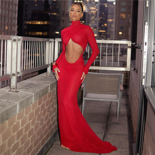 Damen figurbetontes Maxikleid mit asymmetrischem Cut-Out und hochgeschlossenem Kragen Echo Archiv