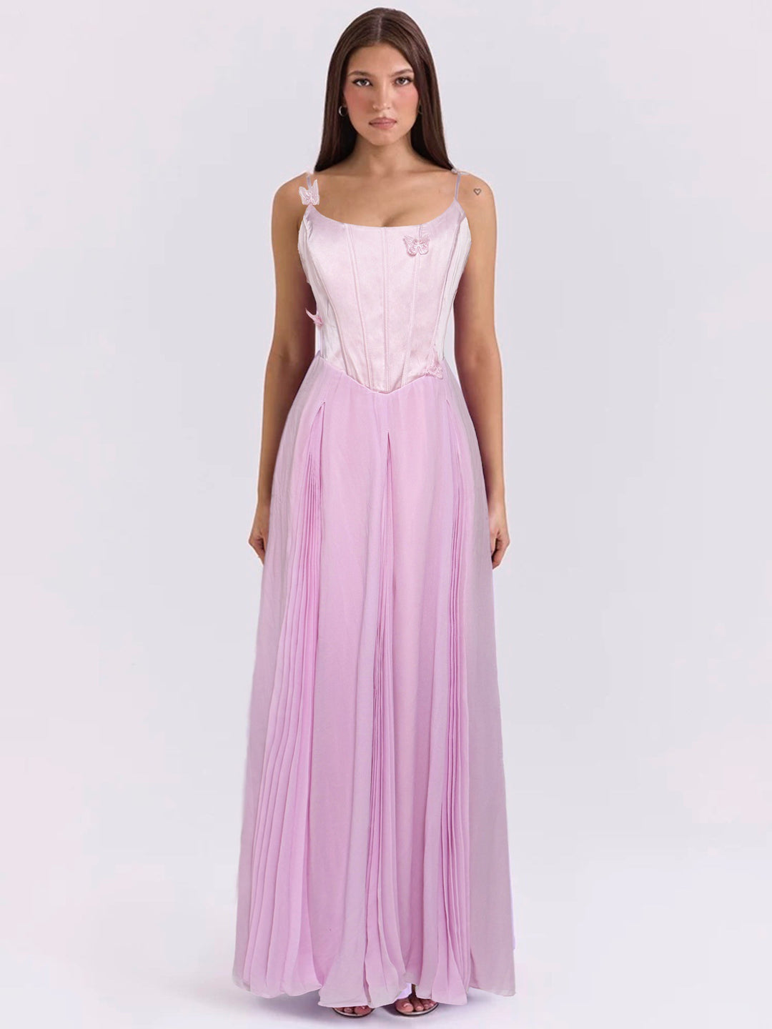 Damen nan figurbetontes Korsett-Maxikleid mit Schmetterlings-Trägern und plissiertem Chiffonrock Echo Archiv